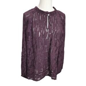 NWT J Jill Ventana Jacquard Popover Blouse Women M Dark Fig Pleated Lace